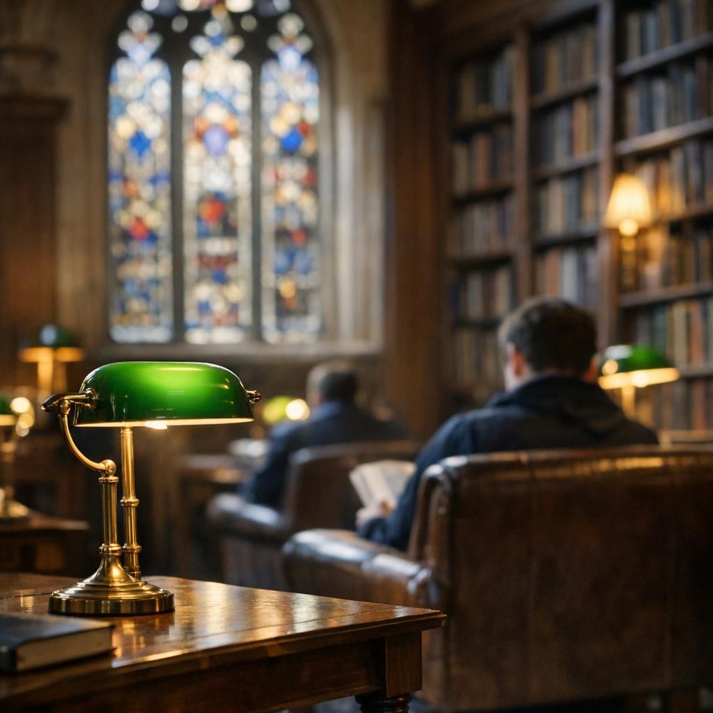 Bibliothèque universitaire britannique style Oxford avec étagères en bois sombre