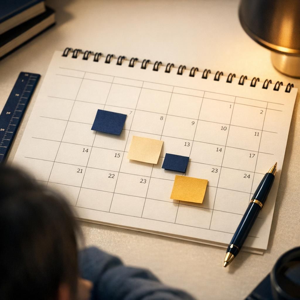 Calendrier mural avec post-it marquant les échéances d'admission USA et UK