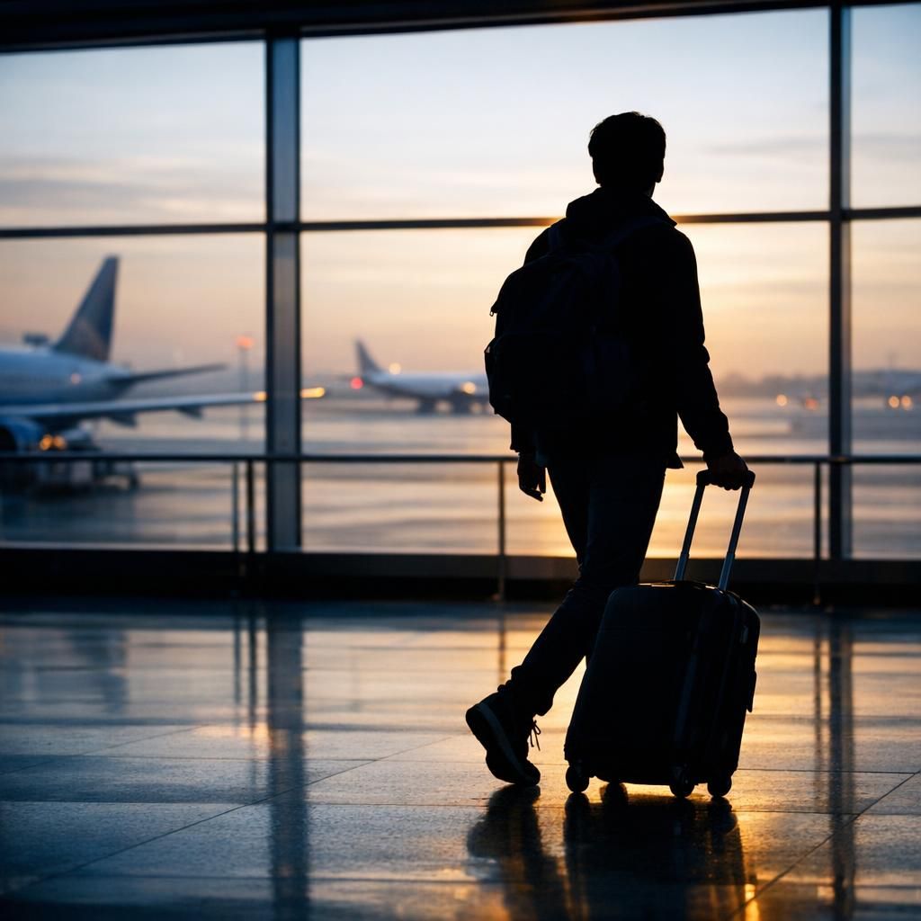 Étudiant post-bac à l'aéroport au moment du départ vers une université à l'étranger